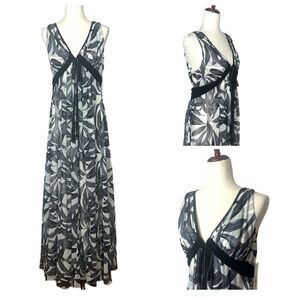 Badgley Mischka Silk Chiffon Empire Maxi Dress Gown Black Ivory Leaf Print US10